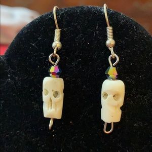 Swarovski bead & carved bone skull earrings